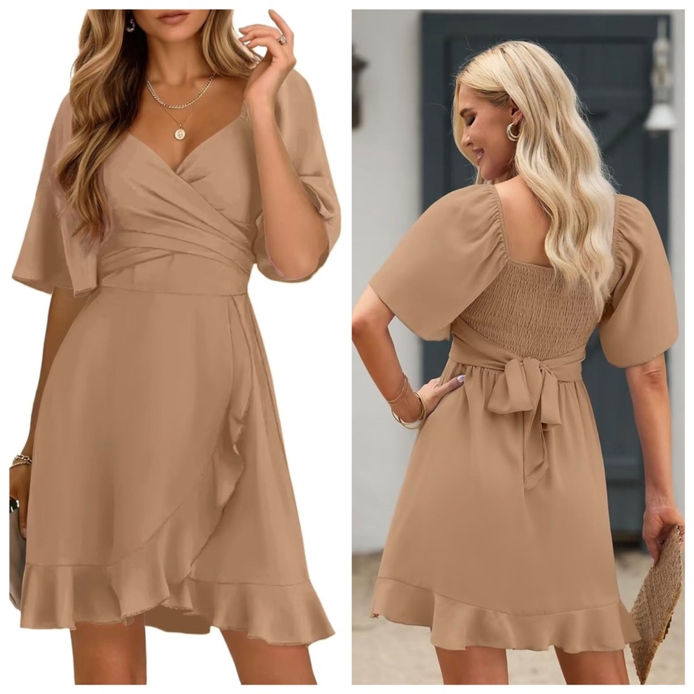 NWT Dokotoo Tan Beige V Wrap Tie Ruffle Flutter Sleeve Cocktail Mini Dress S - Picture 2 of 13